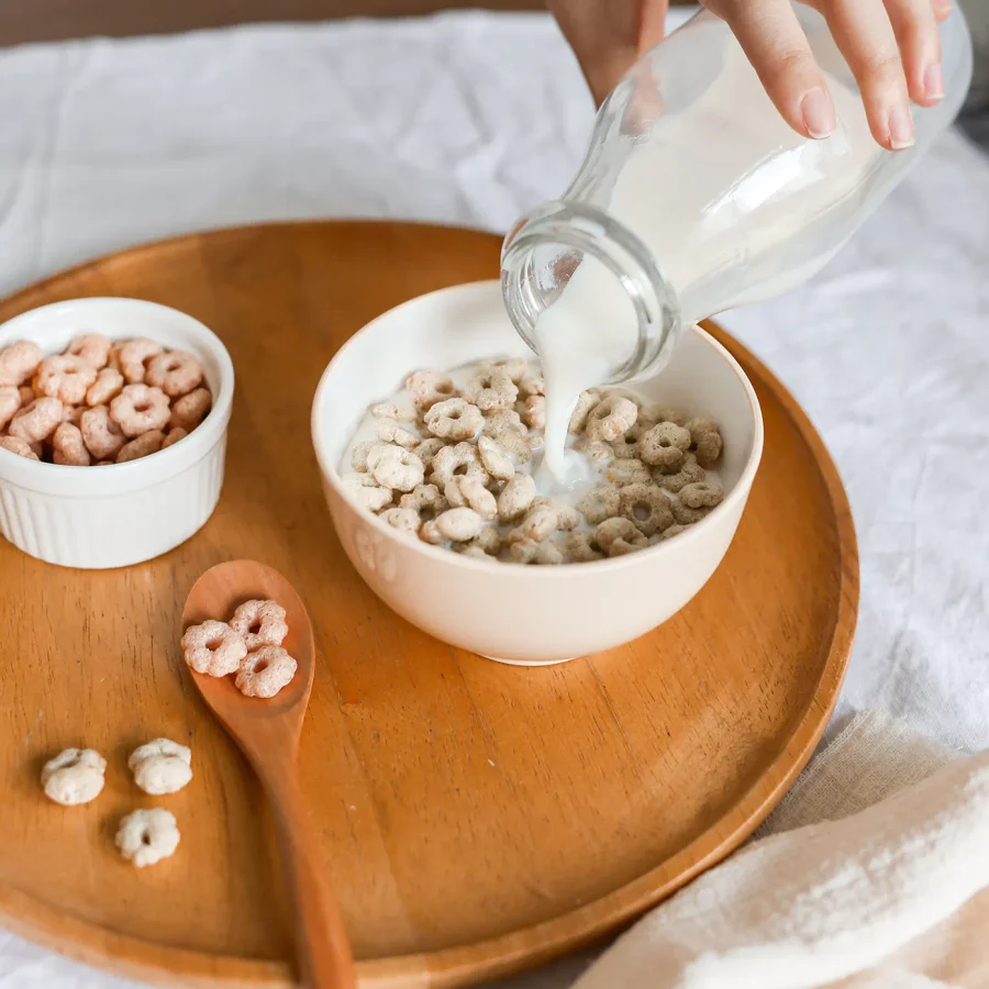 Little Blossom puffs served with milk as a breakfast cereal