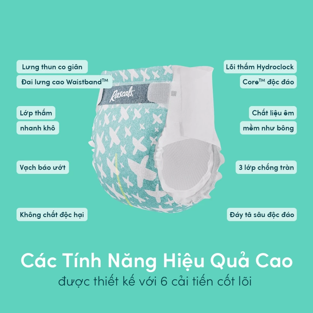 Rascals diaper with six core innovation callouts